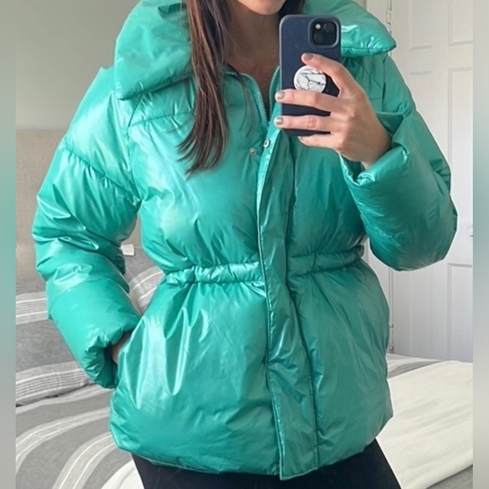 A New Day Puffer Jacket Water Resistant Zip Side Pockets Drawstring Waist Sz XS